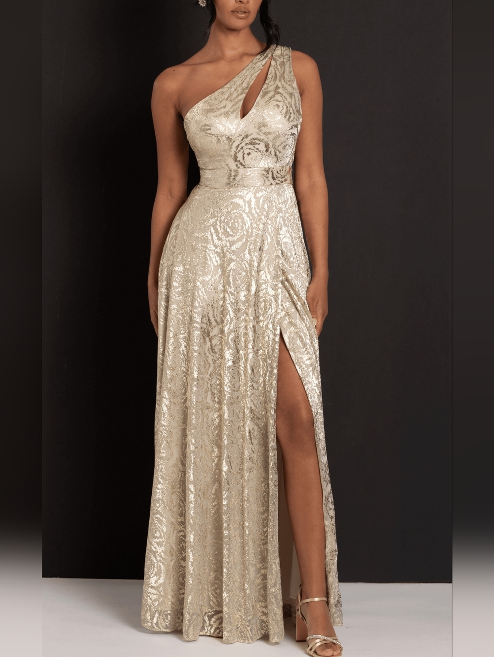 One-Shoulder Cream Brocade Evening Gown